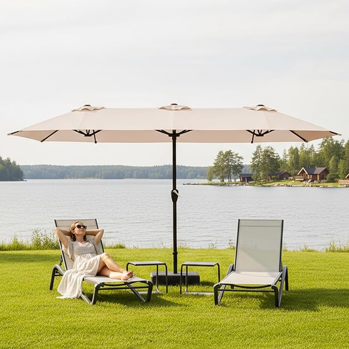 15FT Large Patio Umbrella with Base, Double Sided Rectangular Outdoor Umbrella with Sturdy Fiberglass Ribs, UPF 50+ Sun Protection, Wind-Resistant, Waterproof Fade-Resistant Fabric for Pool, Garden, Backyard, Deck(Beige)