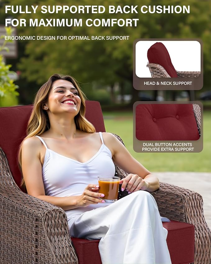 Belord 7 Piece Patio Furniture Set - High Back Swivel Rocker Glider Outdoor Chairs with 3-Seat Sofa and Ottoman, All-Weather Removable 6" Red Cushion for Patio Conversation and Family Reunion