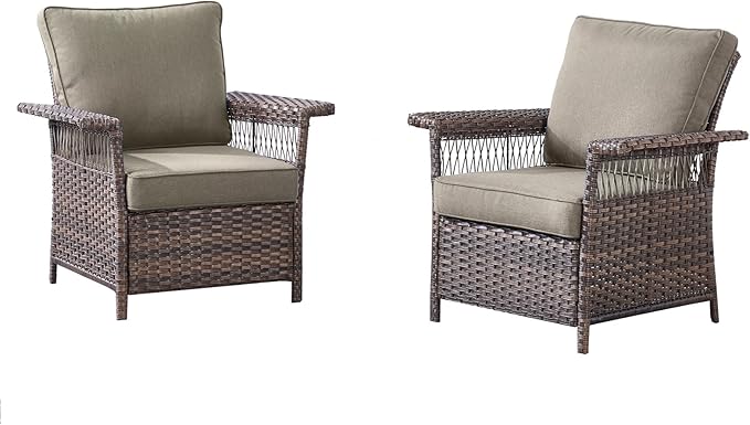 Outdoor Patio Chairs Wicker Chair - 2 Piece Rattan Patio Furniture Chairs Set with Sturdy Frame,All-Weather PE Wicker and Comfortable Cushions for Outside Porch Deck Balcony(Brown/Grey)