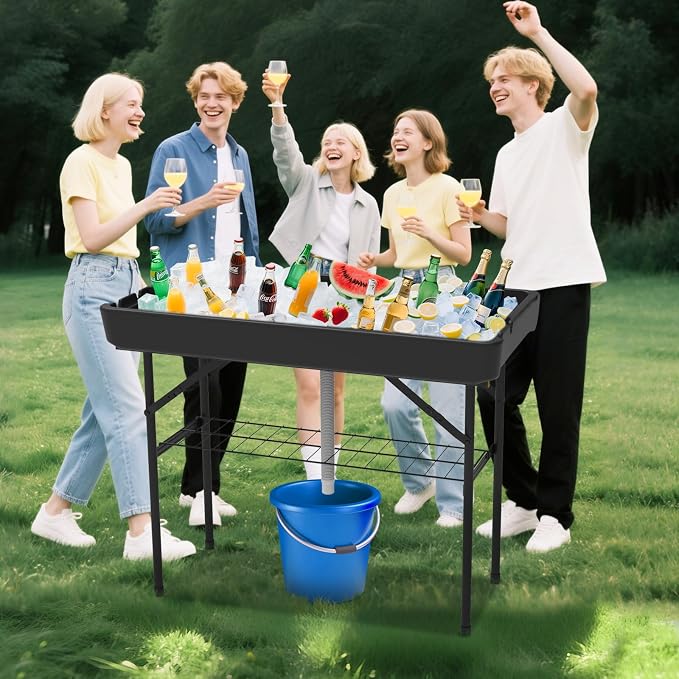 Party Outdoor Cooler Table, Black Skirt &Drain Hose Plastic Chill Table to Keep Drinks Cool, Portable Foldable Self-Serving Beverage Ice Cooler Bar for Wedding, Picnics, Barbecues, Fishing