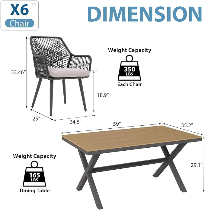 JOIVI 7 Piece Patio Dining Set for 6, All-Weather Outdoor Dining Furniture with Hand-Woven PE Rattan Chairs and Rectangular Dining Table, Outdoor Table and Chairs Set for Backyard, Cross Back&Black