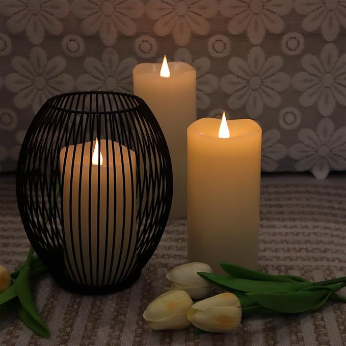 TECHLONG 3 Pack Flickering Flameless Candles Battery Operated with Timer, 3D Moving Flame Last 1000+ Hours, Ivory Real Wax Electric LED Pillar Candle for Wedding Christmas Decorations
