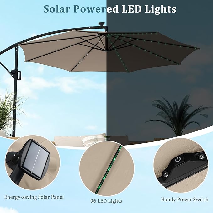 HAPPYGRILL 10 FT Offset Hanging Umbrella with Multi-Colored Flowing LED Lights, 9 Light Modes, Outdoor Patio Cantilever Umbrella with Base, Easy Tilt, 360° Rotation, Crank