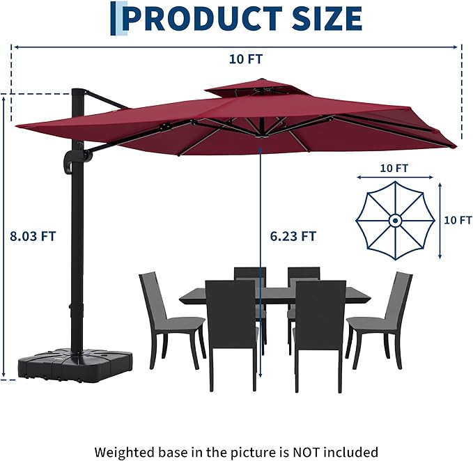 10x10 ft Square Outdoor Umbrella, Cantilever Patio Umbrella with 360° Rotation & Adjustable Height, Heavy Duty Aluminum Umbrella Outdoor Patio for Garden Poolside,Burgundy Red (Base Not Included)