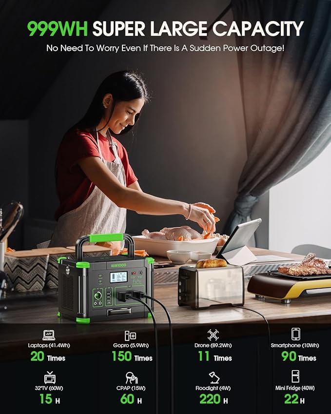 1000W Portable Power Station 999Wh, 120V Pure Sine Wave AC Outlet (2000W Peak), 60W PD USB-C & 10 Ports, Solar Generator for Home Backup, Outdoor Camping, RV, Emergency, Off-Grid Living