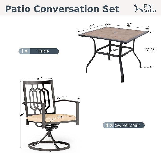 PHI VILLA Patio Dining Set, Swivel Chairs, Square Steel Table | Metal chairs, Hexagon Back Swivel Chair, 1.57" umbrella hole, 360° swivel, cushioned, E-coated