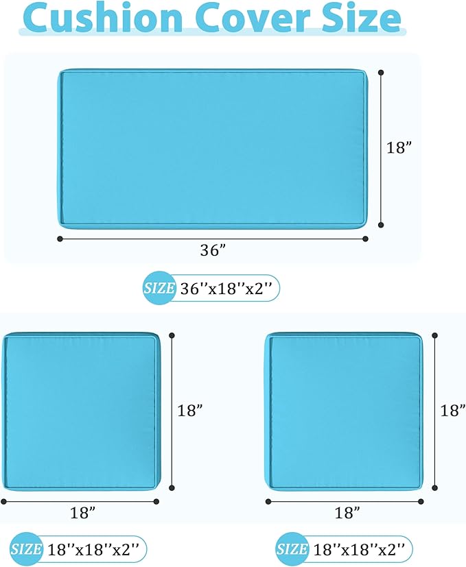 3 Pack Outdoor Patio Seat Cushions Replacement Covers Fit for 4 Pieces 4-Seater Wicker Rattan Patio Conversation Set Loveseat Chair Couch Furniture,36x18x2,18x18x2,Lake Blue-Cover Only