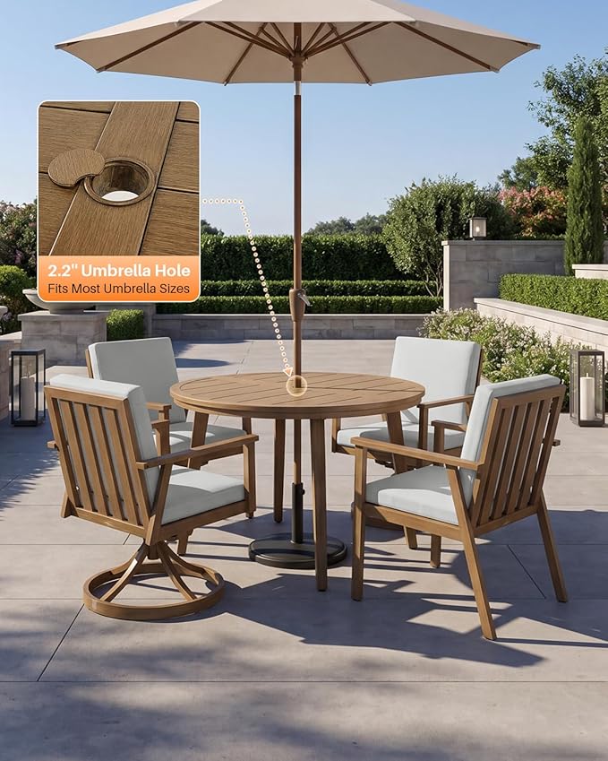 41" Round Outdoor Dining Table, Never-Rust Aluminum Patio Dining Table with Umbrella Hole, Round Patio Table for 4, Outdoor Round Dining Table for Backyard, Deck, Gardens, Teak