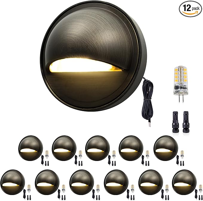 Gardenreet LED Step Lights - 12V Brass Low Voltage Deck Light Outdoor, Landscape Hardwired IP65 Waterproof, Antique Bronze Lighting for Wall Garden Yard Stair Without G4 Bulb 12 Pack