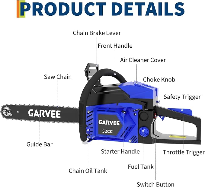Garvee 52CC Gas Chainsaw, 20 Inch Gas Powered Chain Saw with 2-Stroke Engine, 3-Second Quick Start, Quick Start and Anti-Vibration System for Heavy-Duty Logging, Firewood and Woodworking