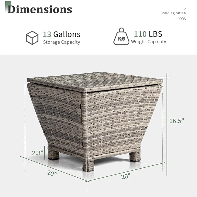 Outdoor Wicker Side Table with Storage, All-Weather Rattan Side Table, 13-Gallon Capacity, Water-Resistant Wicker Patio Table, for Outdoor Patio, Porch, Garden, Grey