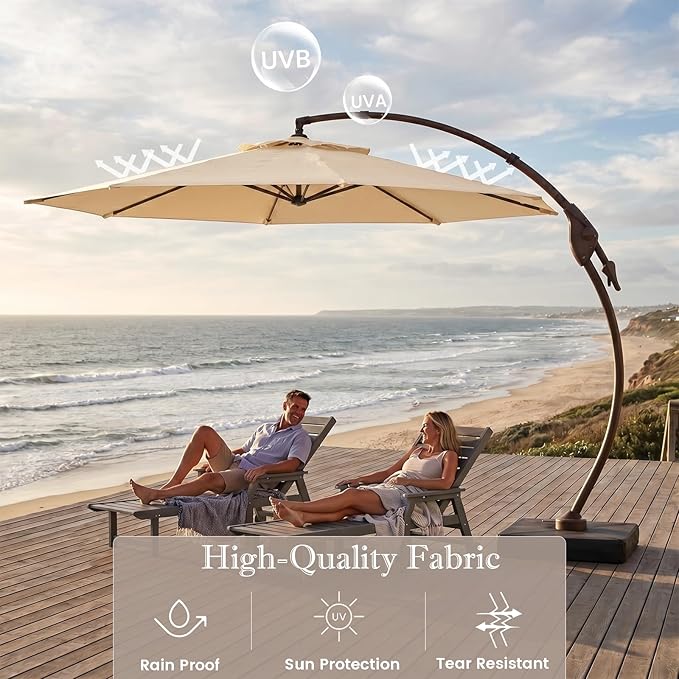 Cantilever Umbrella with Heavy-Duty Base, Outdoor Large Round Aluminum Offset Umbrella for Patio Garden Backyard, UV-Resistant Waterproof Canopy, 360° Rotation & Tilt Adjustment