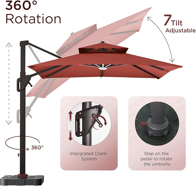 10' X 13' Patio Umbrella with LED Lights Outdoor Cantilever Large Rectangle Offset Umbrellas Heavy Duty Aluminum Double Top with 360-degree Rotation for Pool Garden Deck, Red