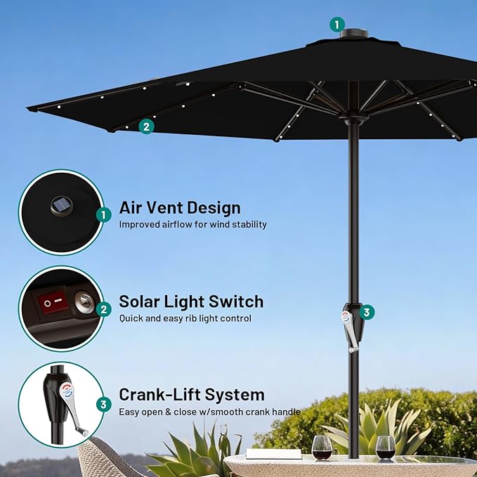 AreShark 12FT Large Patio Umbrella with Solar Lights, Solar Powered Outdoor Umbrella with Crank, Patio Table Market Umbrellas for Garden, Deck, Backyard, Pool and Beach, Black