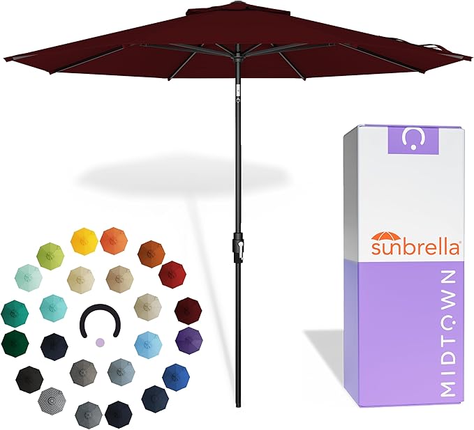 Midtown Umbrellas – The Swilt 10 Ft Patio Umbrella with 360° Swivel & Tilt Mechanism, Sunbrella Fabric & 8 Fiberglass Ribs – Outdoor Umbrella for Deck, Pool & Cafes – Burgundy Canopy, Black Pole