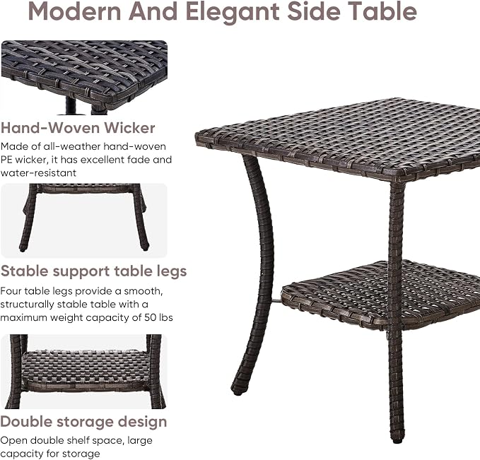 Patio Wicker Side Table-Outdoor PE Rattan End Table with 2-Tier Storage Shelf Square Coffee Table for Deck Porch Garden Backyard-Brown