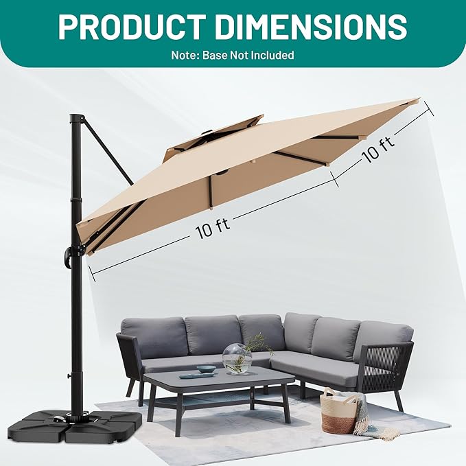 AreShark 10×10FT Double-Top Cantilever Patio Umbrella, Square Offset Umbrella with 360 Degree Rotation, Heavy Duty Patio Umbrella for Garden Deck Pool, 5 Tilt Angles, Beige