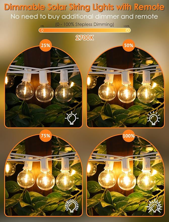 50FT(2x25FT) Solar String Lights with Remote, 20+2 G40 Bulbs, White | Solar Powered, Dusk to Dawn, Dimmable, Timer, Memory Function, LED Globe Hanging Lights for Wedding Party Cafe Decor