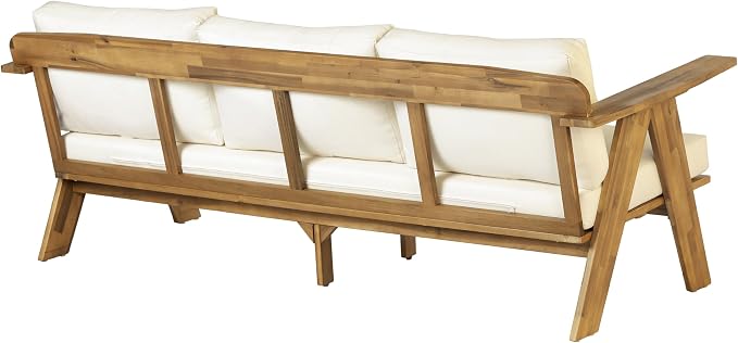 Christopher Knight Home Dina 4-Piece Patio Furniture Set, Acacia Wood Outdoor Conversation Set with Coffee Table, Outdoor 3-Seater Sofa and Club Chairs Set with Cushions for Backyard, Teak+Beige