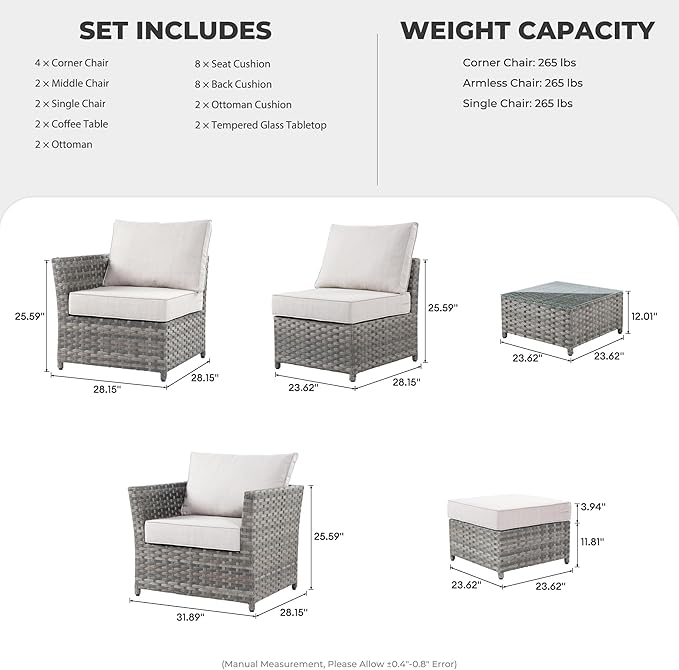 12 Pieces Outdoor Furniture Patio Sectional Sofa Couch Gray PE Wicker Conversation Sets with Ottomans Glass Coffee Table for Garden Poolside Backyard