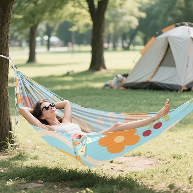 Blue Berry Orange Pear Floral Texture 330lb Capacity Camping Hammocks with Portabl Carry Bag Rope Hammock for Patio Backyard Lounge Base Base para hamacas para adultos
