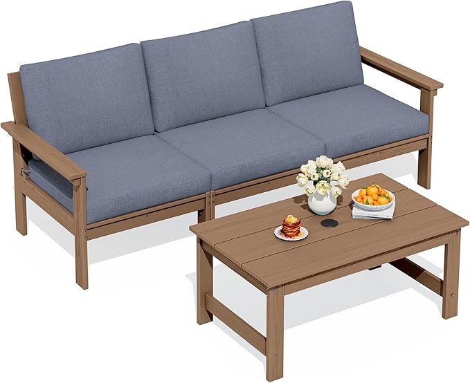 SERWALL HDPE Patio Sofa Set, 4-piece Outdoor Sectional Furniture Set, All Weather Outdoor Couch Set Patio Furniture Set for Deck, Lawn, Brown Frame with Grey Cushion