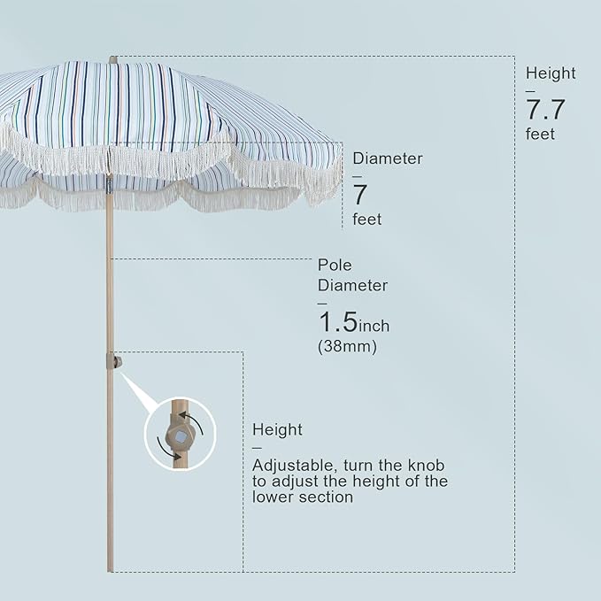 Tempera 7ft Boho Beach & Patio Umbrella with Fringe, Market Umbrellas with UPF 50+ UV & Water-Resistant Canopy, 1.5" Wood Pole & Button Tilt.