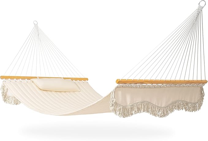 Lazy Daze Hammocks 12 FT Double Quilted Fabric Hammock with Hardwood Spreader Bar, Tassels, Soft Pillow, Chains, 2 Person Hammock for Outside Patio Backyard Poolside, 450 LBS Weight Capacity, Cream