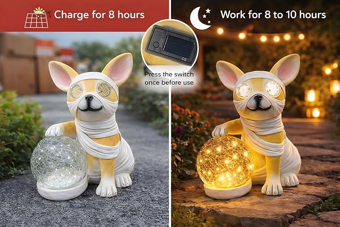Solar Garden Lights Outdoor Decor, Waterproof Dog Statue with Crackle Glass Ball, for Walkways, Backyards, Patios, and Lawn Pathways, Yard Ornament for Mom and Grandma