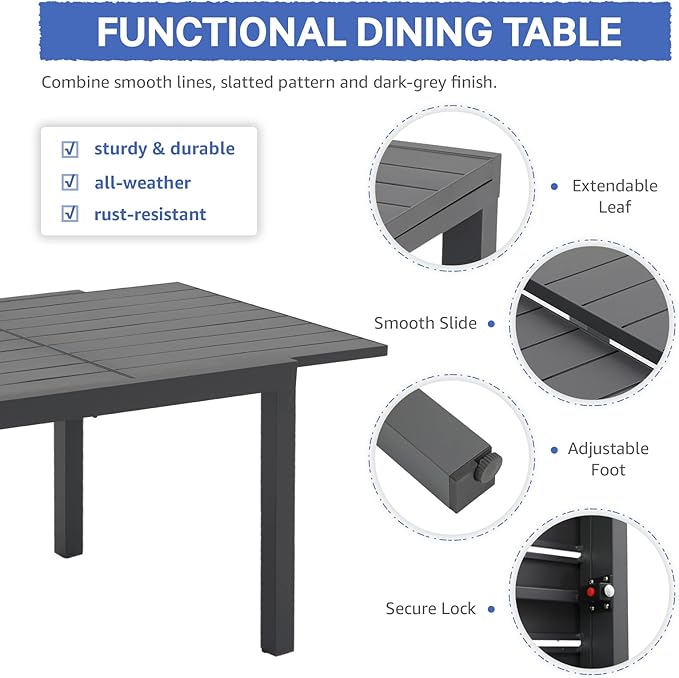 Soleil Jardin 9-Piece Outdoor Patio Dining Set, 59" - 83" Aluminum Expandable Outdoor Dining Table Set for 8, 8 Stackable Chairs with Gray Removable Cushions, Dark-Grey