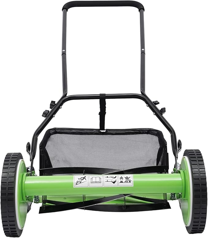 16-Inch 5-Blade Push Reel Lawn Mower, Walk Behind Manual Push Mower Adjustment Height and Removable Grass Catcher, Adjustable Cutting Height, Cordless Grass Cutter for Yard, Garden