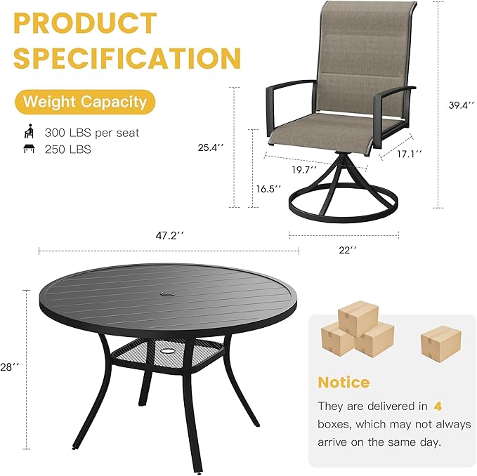 VICLLAX 7 Pieces Patio Dining Set for 6, All Weather Outdoor Furniture - 47.2" Round Patio Table and Swivel Padded Chairs, Black Tabletop and Mixed Brown Fabric