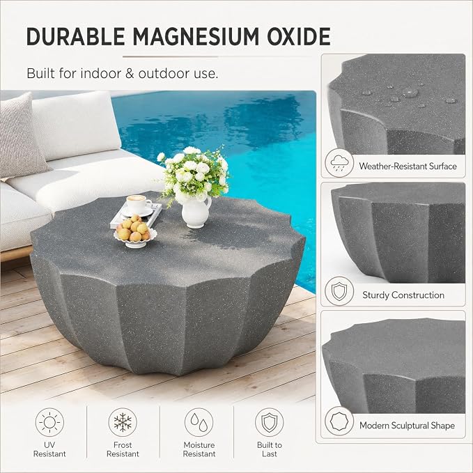 35.43" Concrete OutdoorTable,Modern Round Outdoor Coffee Table,Waterproof Stone Coffee Table for Patio for Terraces, Gardens, Backyards and Living Rooms (Grey, 35.43")