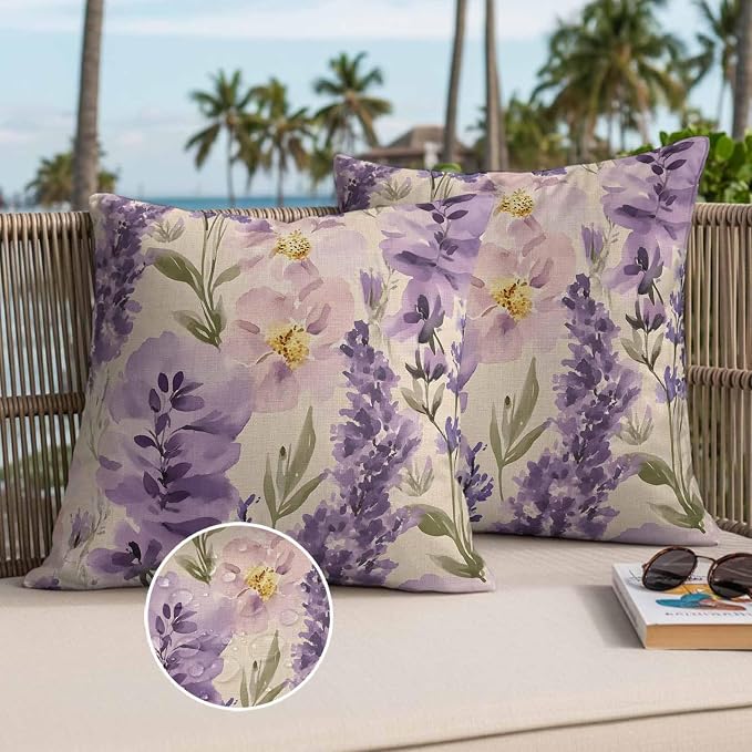 Spring Flowers Outdoor Waterproof Throw Pillow Covers Set of 2, 18"x18", Lavender Leaf Purple Floral Vintage Decorative Pillow Covers Outside Cushion Case for Patio Porch Garden