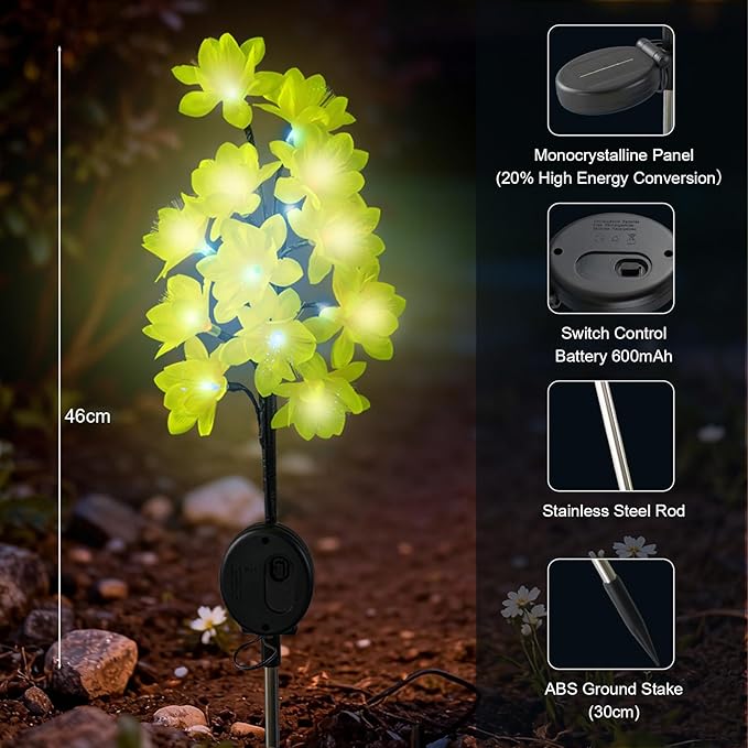 Solar Path Lights Outdoor 4 Pack, LED Camellia Flower Decor, Waterproof Auto On/Off, Bigger Solar Panel for Yard, Patio, Garden Walkway Decoration Gift for Mom (Green)