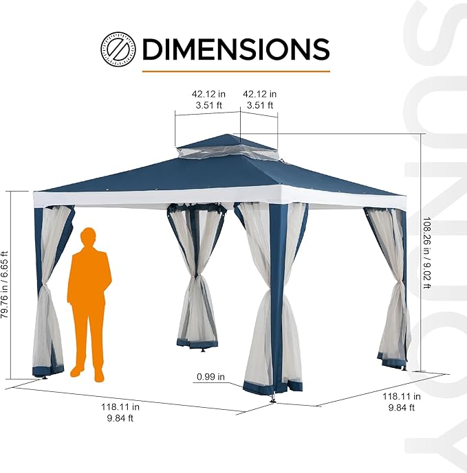 Sunjoy 10 x 10 ft. Soft Top Gazebo, Outdoor Patio Backyard Modern 2-Tier Steel Frame Gazebo with Mesh Netting - Navy Blue & White