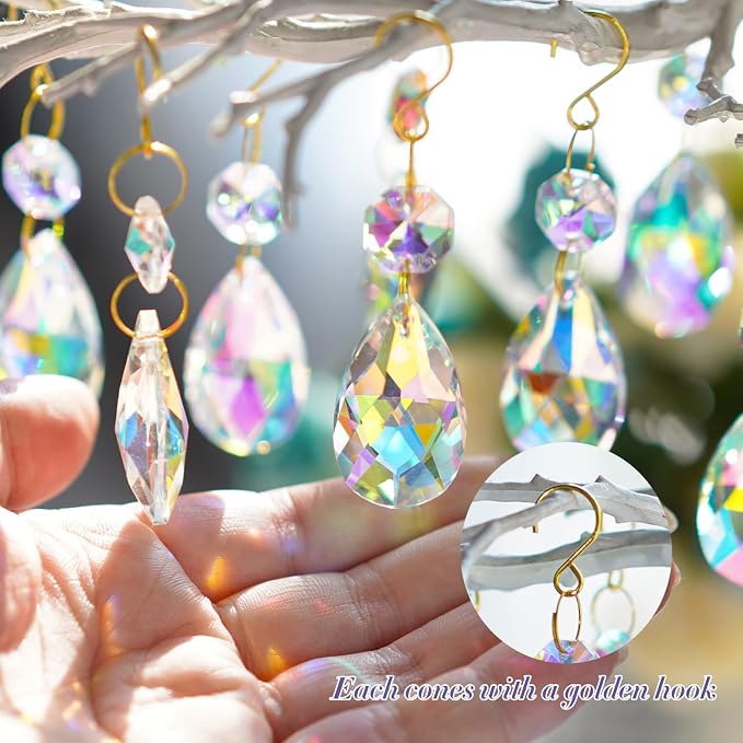25pcs Crystal Teardrop Chandelier Parts, 38mm Suncatcher Crystal Prisms | Hanging Ornament Chandelier Crystals Rainbow Maker for Windows/Wedding Christmas Tree Decor (Glod Hook+Ring)