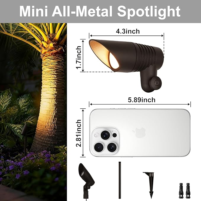 Mini LED Landscape Spotlights, 16'' Tall Pole, 5CCT 5W 12 Volt Wired Low Voltage Bronze Landscape Small Spot Lights for Outdoor Tree Flag House Pathway Driveway, 60° Beam Angle, 1PK