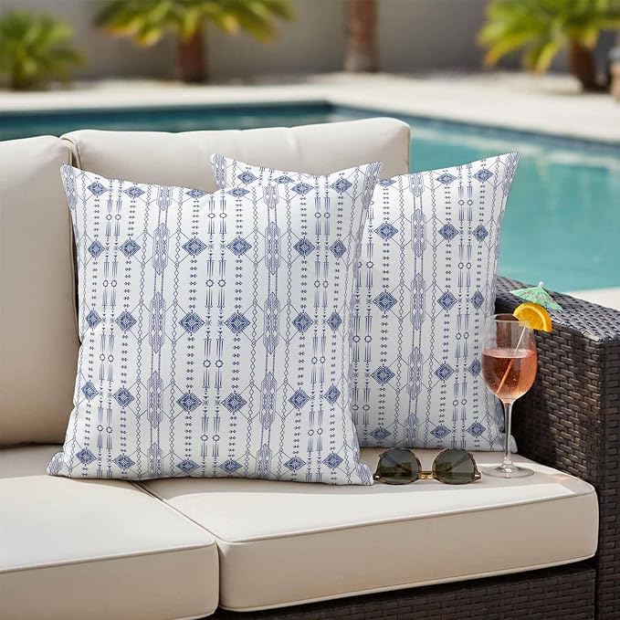 Outdoor Waterproof Pillow Covers Ikat Ethnic Seamless Decorative Throw Pillow Protectors,Indian Tribal Texture on White Pillowcase Cushion Cases for Patio Sofa Garden Couch,20x20in,Pack of 2