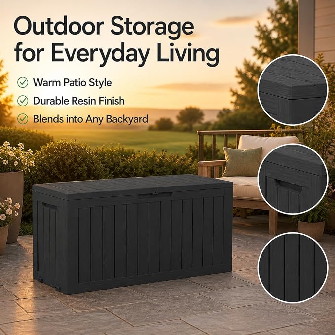 Outdoor Deck Patio Storage Box - 80 Gallon Resin Outside Storage Bin with Lid for Patio Cushions, Garden Tools, Pool Accessories & Backyard Toy Storage, Black