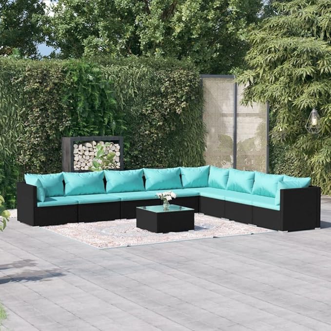Patio Lounge Set with Cushions,Outdoor Table and Chairs Set,Terrace Conversation Set Furniture,Outdoor Furniture,for Garden,Backyard,9 Piece Poly Rattan Black
