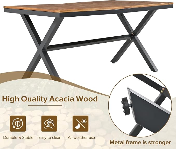 7 PC Patio Dining Set with Table and 6 Chairs Grey | All-Weather Outdoor Furniture with Acacia Wood Tabletop & Metal Frame, for Garden, Backyard, or Balcony