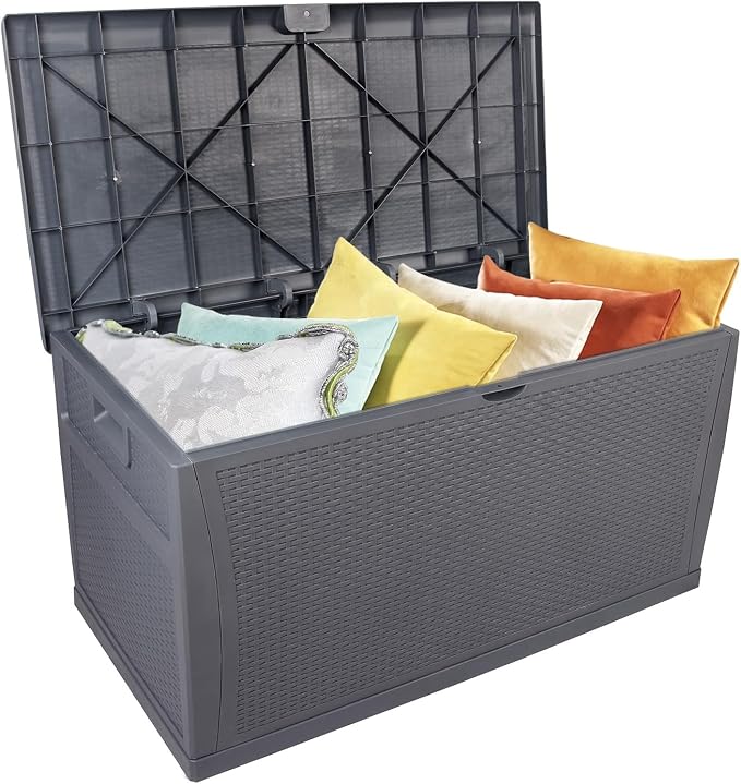120-Gallon Grey Resin Wicker Outdoor Deck Storage Box | Lockable Latching Lid, Piston-Assist Opening, Doubles as Seating, Waterproof Construction, 47" x 24" x 24.8"