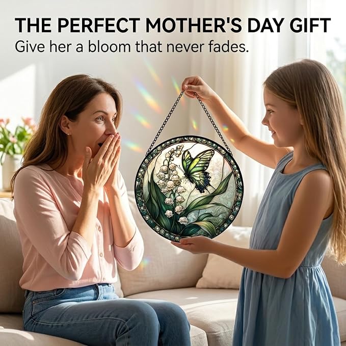 Butterfly Gifts for Mom - Lily of the Valley Faux Stained Glass Window Hanging Sun Catcher for Door Garden Acrylic Decor Mother's Day Christmas May Gift for Women Nana Grandma Sisters Wife 9.8"