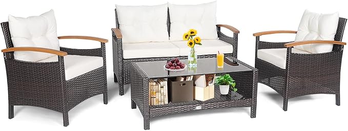 Tangkula 4 Piece Patio Rattan Conversation Set, Outdoor Wicker Sofa Set W/2-Layer Coffee Table, Backrest & Seat Cushions, Acacia Wood Curved Armrests, Suitable for Poolside, Backyard, Deck (1, White)