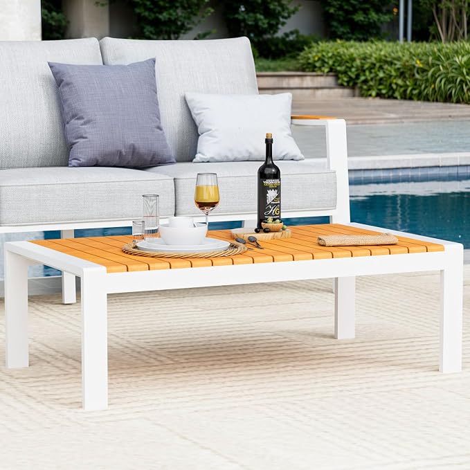 Aluminum Outdoor Patio Coffee Table for for Deck, and Poolside (White, Dark Teak)
