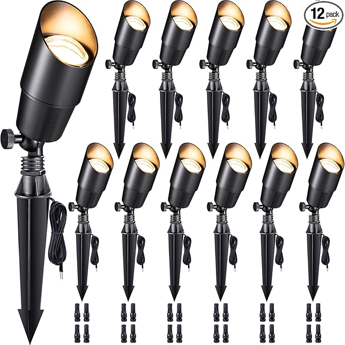 Gardenreet LED Spot Light Outdoor - Die-Cast Brass 12V Uplighting Waterproof, Low Voltage Landscape Lights Metal, Black for Fence Fountain Without MR16 Bulbs (12 Pack)