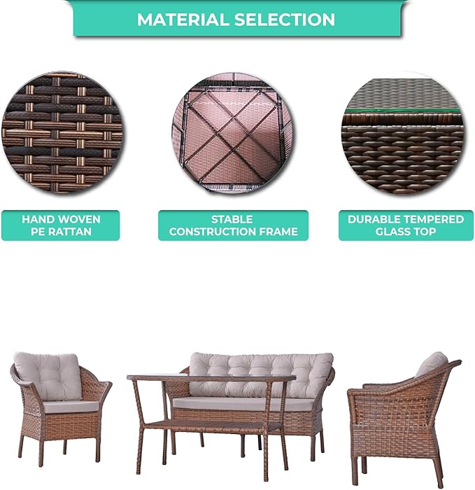 Angora Dinamic Rattan Outdoor Furniture Set – Stylish Garden and Patio Set with Table, Double Chair, and 2 Single Armchairs, Conversation Sets Best for Yard, Pool or Backyard, Brown