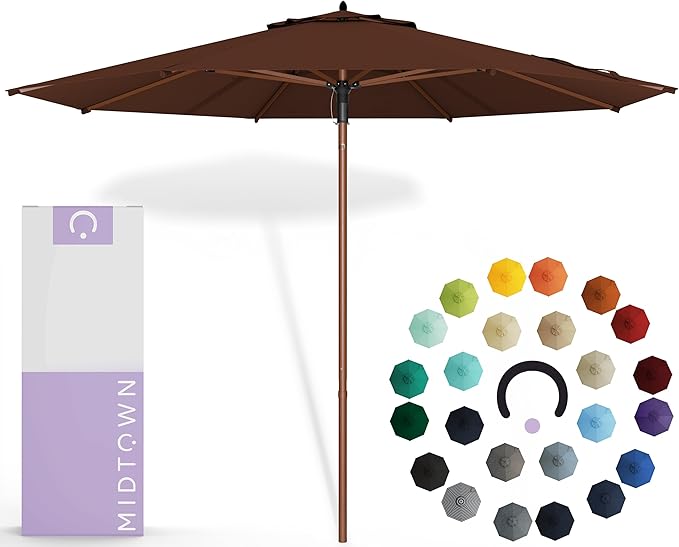 Midtown Umbrellas The Wooden 10 Feet Patio Umbrella With Sunbrella Bay Brown Acrylic Fabric - Aluminum Frame Market Umbrella For Backyard, Deck, Garden, Pool - Wooden Pole