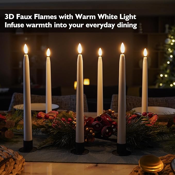 Rhytsing 11 inches White Flameless Taper Candles with Timer, Battery Operated Led Candle Sticks Real Wax Finished for Home Decor, 2 Remotes Included - Set of 6